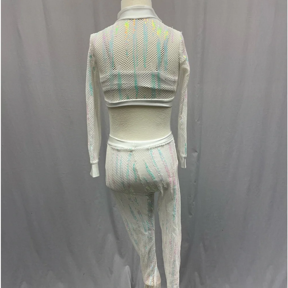 Dance costume white zip crop jacket leggings iridescent sequins size youth small